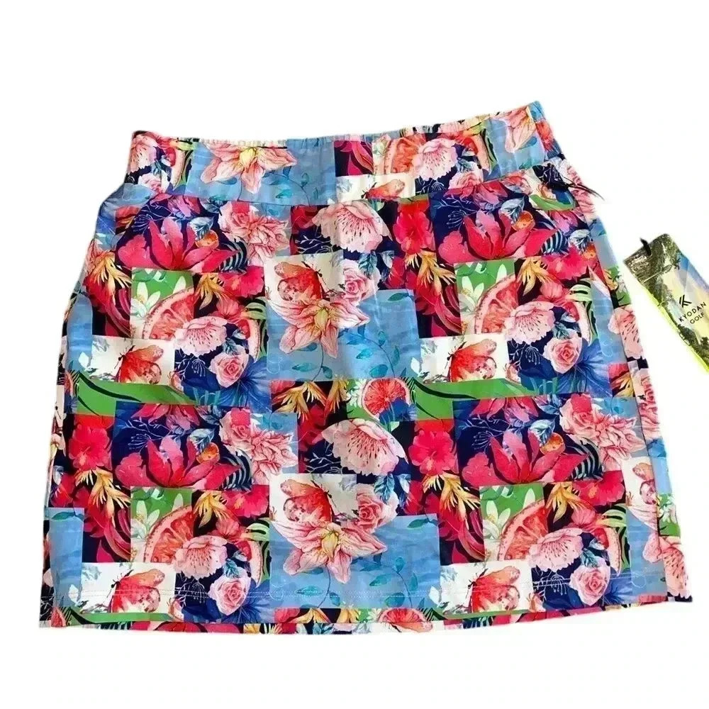 Vibrant Floral Print‎ Skirt Tropical Summer Vacation Elastic Waist w/Pocket F12
